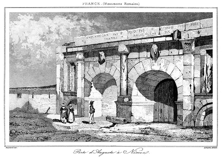 Porte d'Auguste à Nîmes vers 1840 - gravure reproduite et retouchée numériquement par © Norbert Pousseur