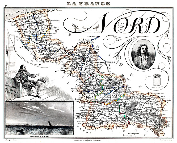 Carte du Nord par Vuillemin, 1851 - gravure reproduite et restaurée numériquement par © Norbert Pousseur Carte du Nord par Vuillemin, 1851 - gravure reproduite et restaurée numériquement par © Norbert Pousseur