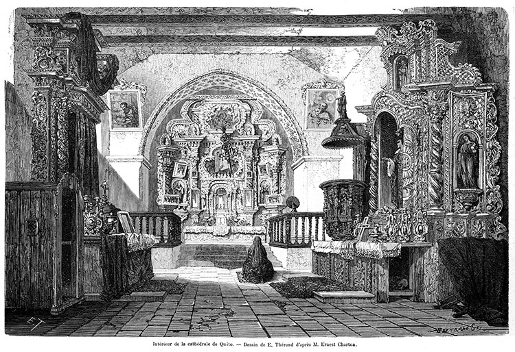 Interior de la Catedral de Quito hacia 1860 - grabado reproducido y restaurado digitalmente por © Norbert Pousseur