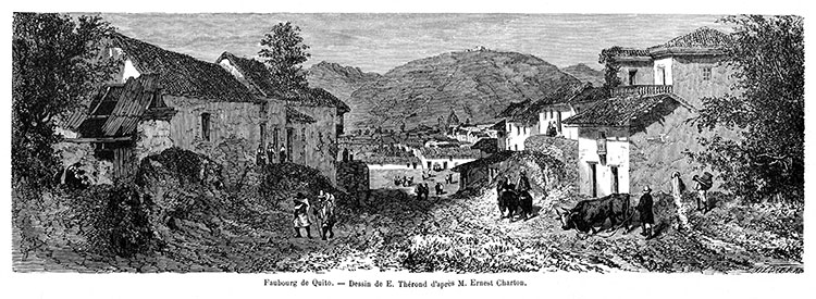 Faubourg de Quito sur une  colline vers 1860 - gravure reproduite puis restaurée numériquement par © Norbert Pousseur