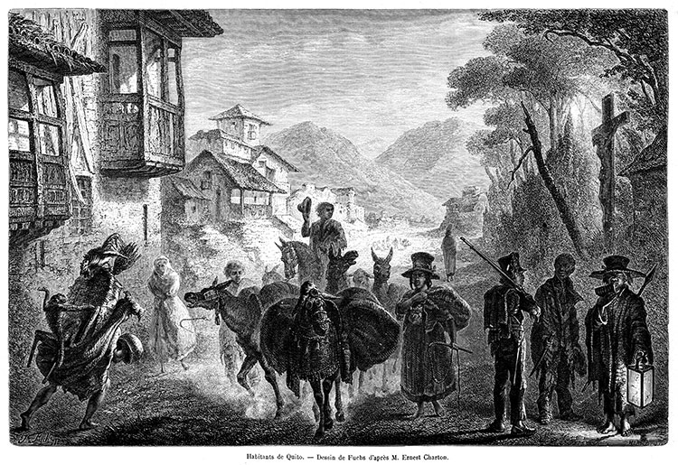 Habitants de Quito en soirée, vers 1860 - gravure reproduite puis restaurée numériquement par © Norbert Pousseur