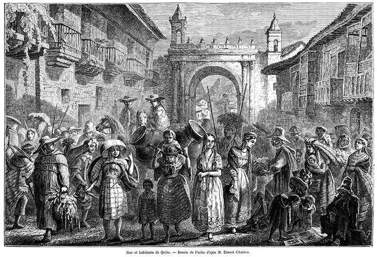 Une rue de Quito avec ses habitants vers 1860 - gravure reproduite puis restaurée numériquement par © Norbert Pousseur