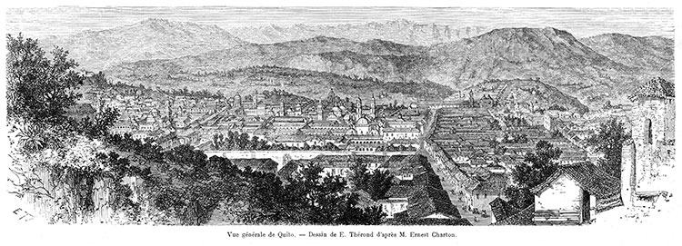 Vue générale de Quito vers 1860 - gravure reproduite puis restaurée numériquement par © Norbert Pousseur