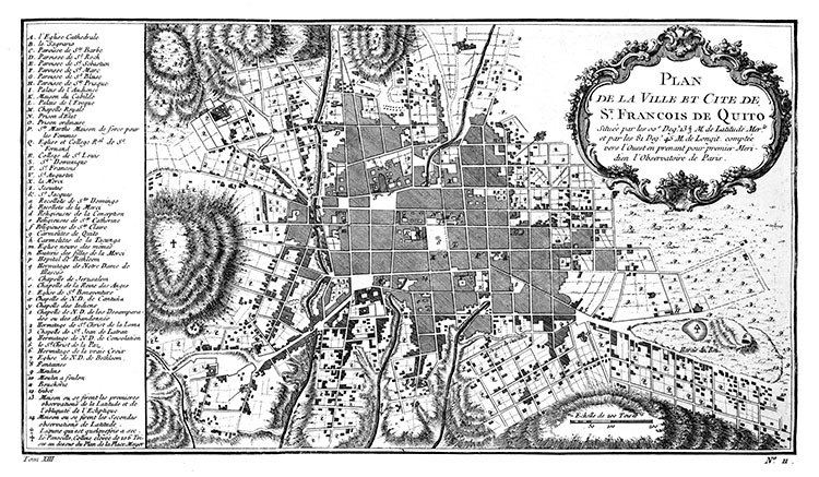 Plan de Quito vers 1750 - gravure reproduite puis restaurée numériquement par © Norbert Pousseur