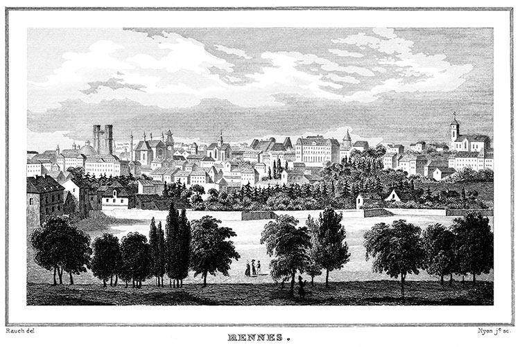 Rennes depuis le Champ de Mars, vers 1835 - gravure reproduite et restaurée numériquement par © Norbert Pousseur