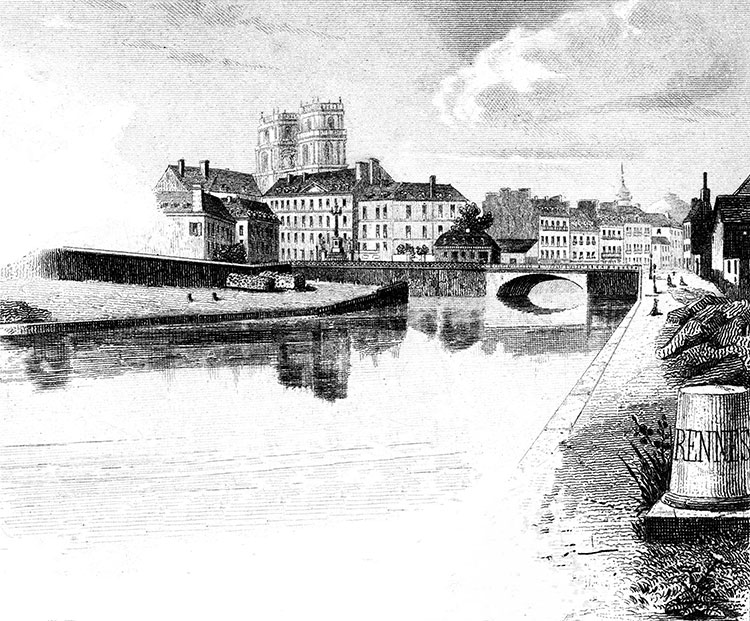 Gravure de la ville de Rennes, en 1883 - gravure reproduite et restaurée numériquement par © Norbert Pousseur