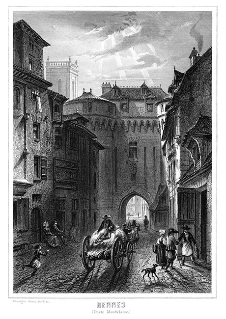 Porte Mordelaise à Rennes, vers 1850 - gravure reproduite et restaurée numériquement par © Norbert Pousseur