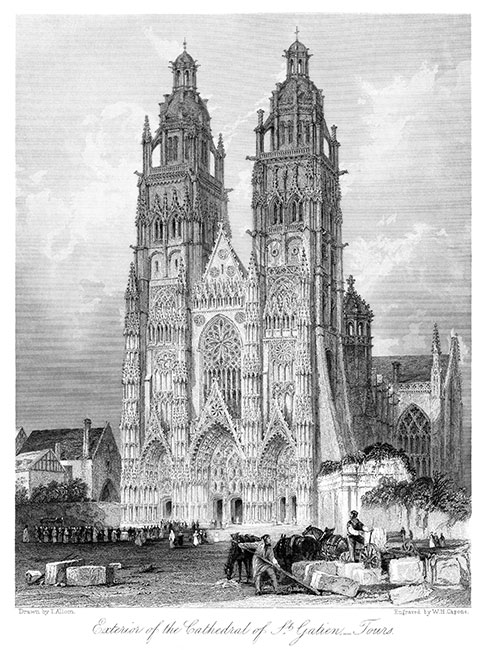 Façade de la cathédrale de Tours vers 1835 - gravure reproduite et restaurée numériquement par © Norbert Pousseur