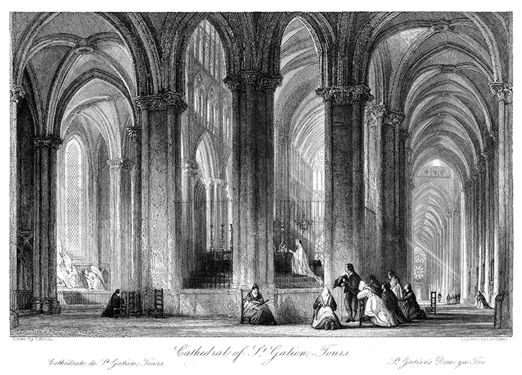 L'intérieur de la cathédrale de Tours, vers 1835 - gravure reproduite et restaurée numériquement par © Norbert Pousseur