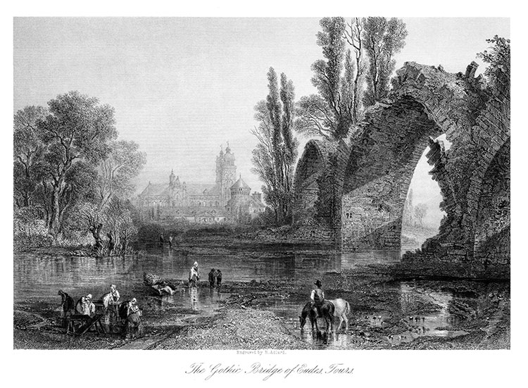 Le pont gothique d'Eudes, à Tours, vers 1835 - gravure reproduite et restaurée numériquement par © Norbert Pousseur