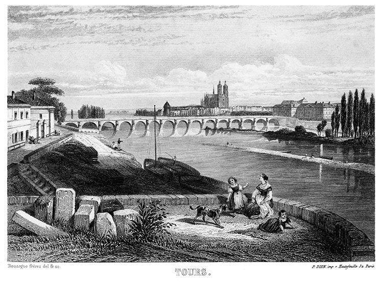 Le pont sur la Loire à Tours vers 1850 - gravure reproduite et restaurée numériquement par © Norbert Pousseur