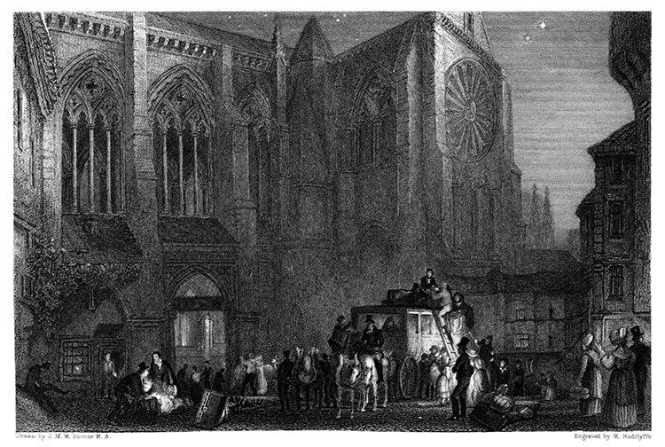 Départ nocturne de diligence devant la cathédrale de Tours vers 1850 - gravure reproduite et restaurée numériquement par © Norbert Pousseur