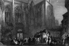 Zoom sur Départ nocturne de diligence devant la cathédrale de Tours vers 1850 - gravure reproduite et restaurée numériquement par © Norbert Pousseur