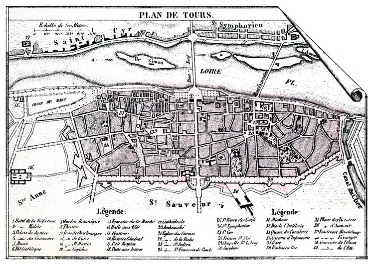 Plan de Tours vers 1880 - gravure reproduite et restaurée numériquement par © Norbert Pousseur