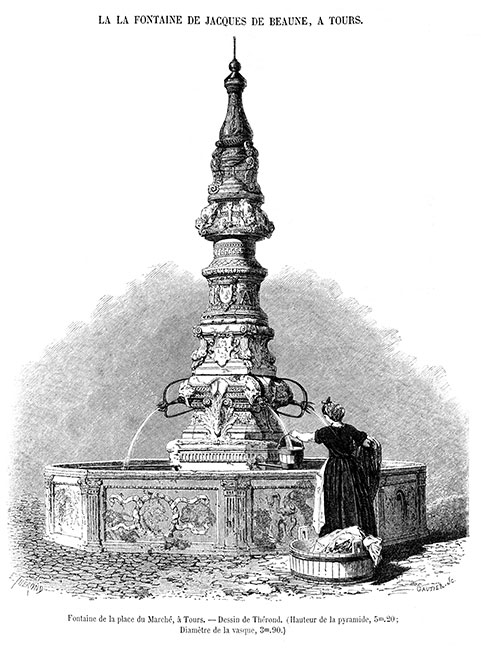 La fontaine Jacques de Beaune à Tours vers 1860 - gravure reproduite et restaurée numériquement par © Norbert Pousseur