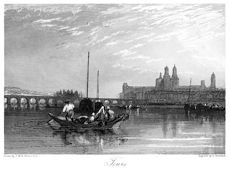 En arrivant à Tours par barque, vers 1850 - gravure reproduite et restaurée numériquement par © Norbert Pousseur