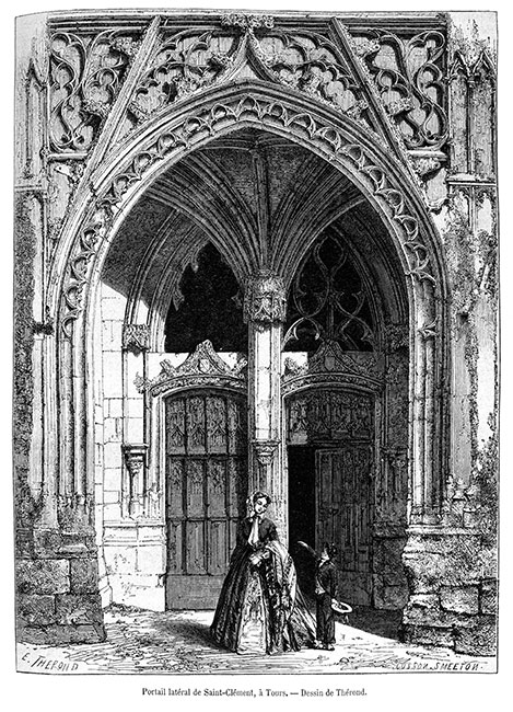 Portail latértal de l'église St Clément à Tours vers 1860 - gravure reproduite et restaurée numériquement par © Norbert Pousseur