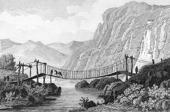 Pont suspendu de Cimbra au Chili vers 1840 - gravure reproduite puis restaurée numériquement par © Norbert Pousseur
