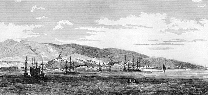 La rade de Valparaíso au Chili vers 1840 - gravure reproduite puis restaurée numériquement par © Norbert Pousseur