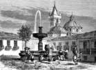 Zoom sur Place de la Fontaine et cathédrale de Quito vers 1860 - gravure reproduite puis restaurée numériquement par © Norbert Pousseur