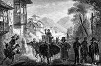 Zoom sobre Habitantes de Quito al atardecer, hacia 1860 - grabado reproducido y restaurado digitalmente por © Norbert Pousseur