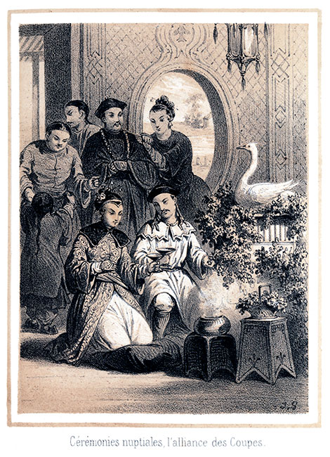 Cérémonie de mariage chinoise - Gravure bistre de 1850, reproduite puis restaurée par  © Norbert Pousseur
